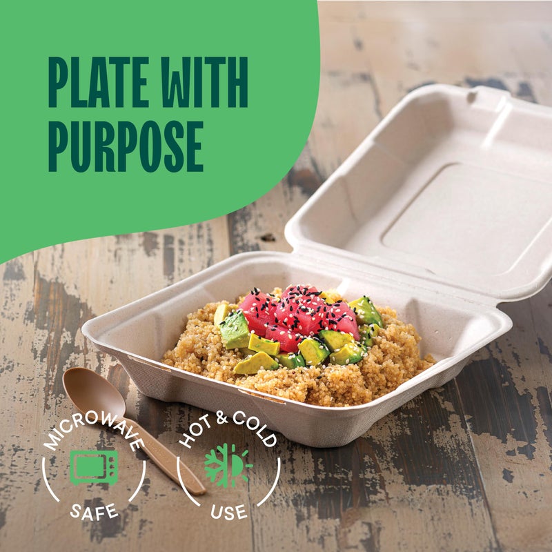 Stack Man 100% Compostable Clamshell Take Out Food Containers [8X8" 50-Pack] Heavy-Duty Quality to go Containers, Natural Disposable Bagasse, Eco-Friendly Biodegradable Made of Sugar Cane Fibers - Image 3